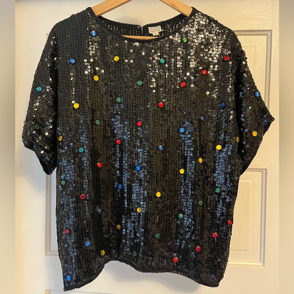 Vintage 100% Silk Sparkly Large Sequin Party Blouse